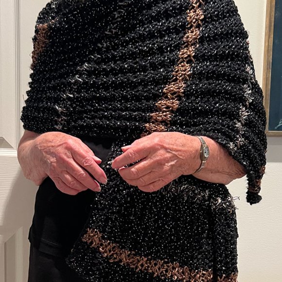 Homemade Dressy Knitted Black Wrap with Copper and Silver Strips - Picture 2 of 3